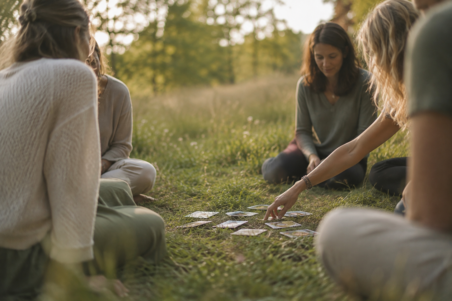 Trois personnes méditant en pleine nature, symbolisant les séjours et interventions bien-être grâce à la sophrologie.